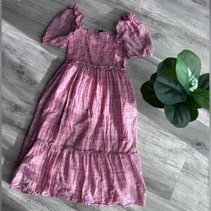 Vineyard Vines‎ Dress Pink Plaid Cotton Smocked Puff Sleeve Dress Girls L (14)